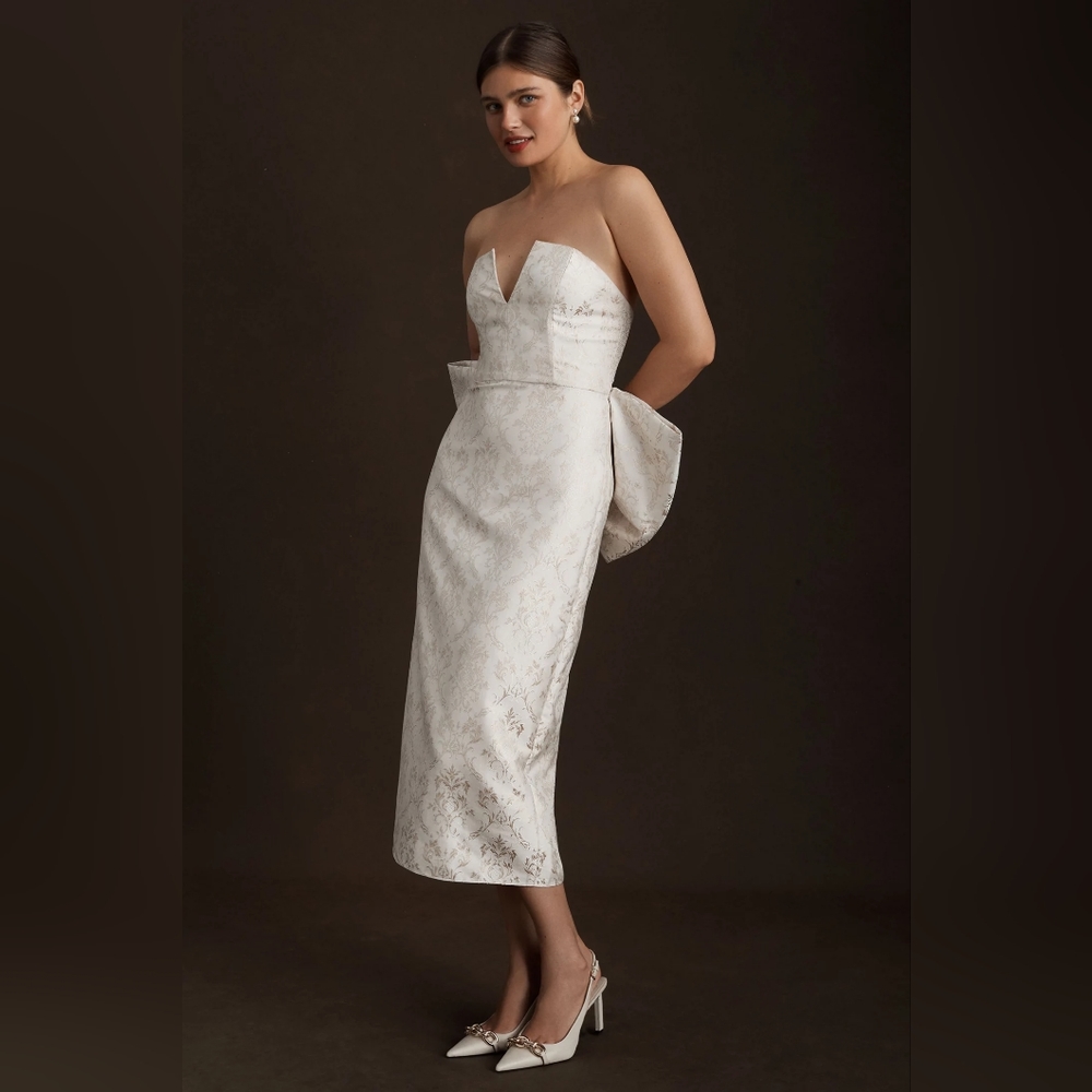 Sachin & Babi Vienna Notched V-Neck Bow-Back Jacquard Midi Dress